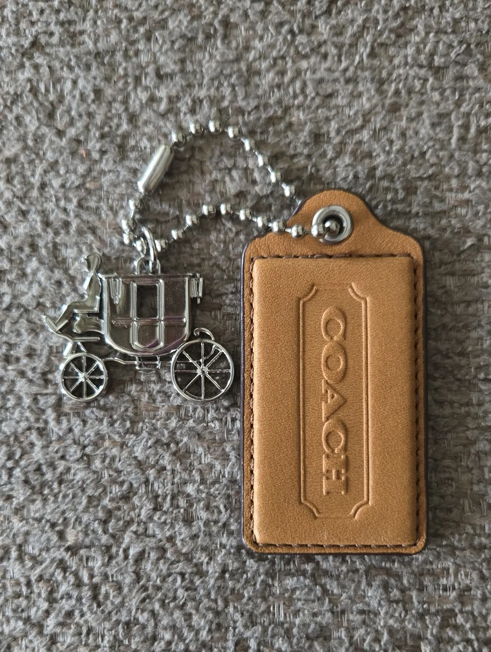Coach Tan Leather Tag Keychain with Silver Carriage Charm